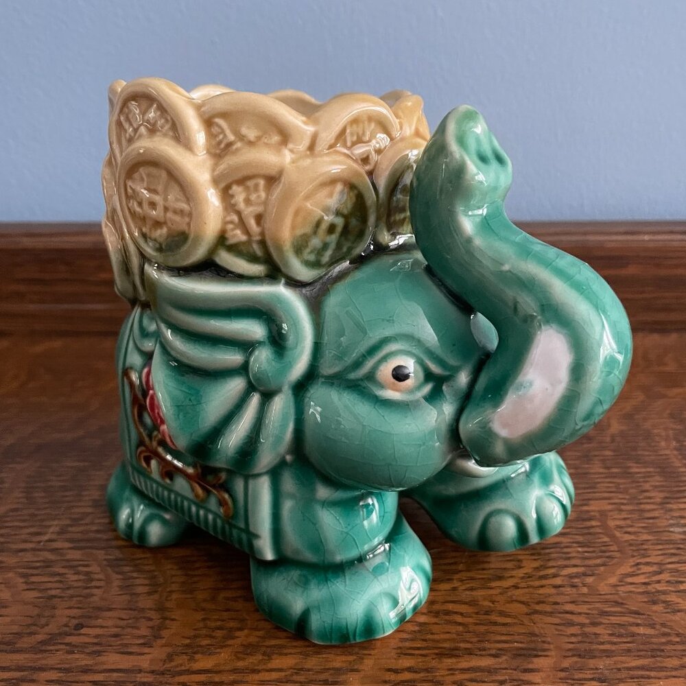 Vintage Green Elephant Planter Pot Mid Century Lucky Trunk Up Vase Jardiniere